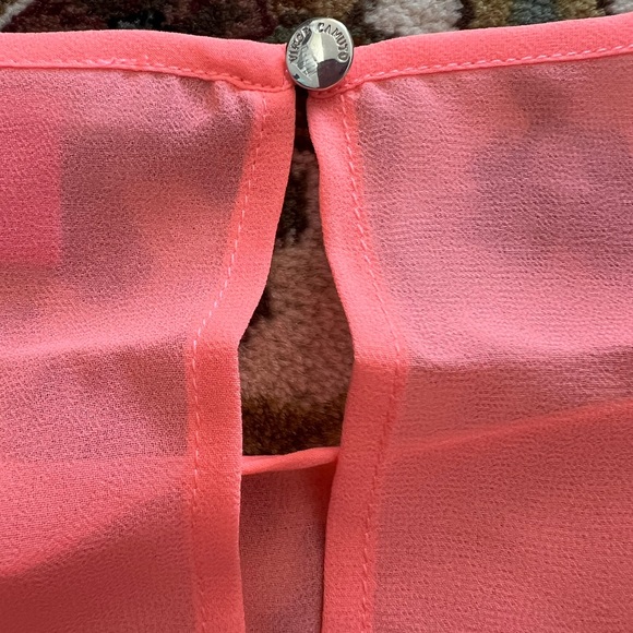 Vince Camuto Neon Orange Sheer Blouse | Asymmetrical Hem | Layered Front - Picture 8 of 9